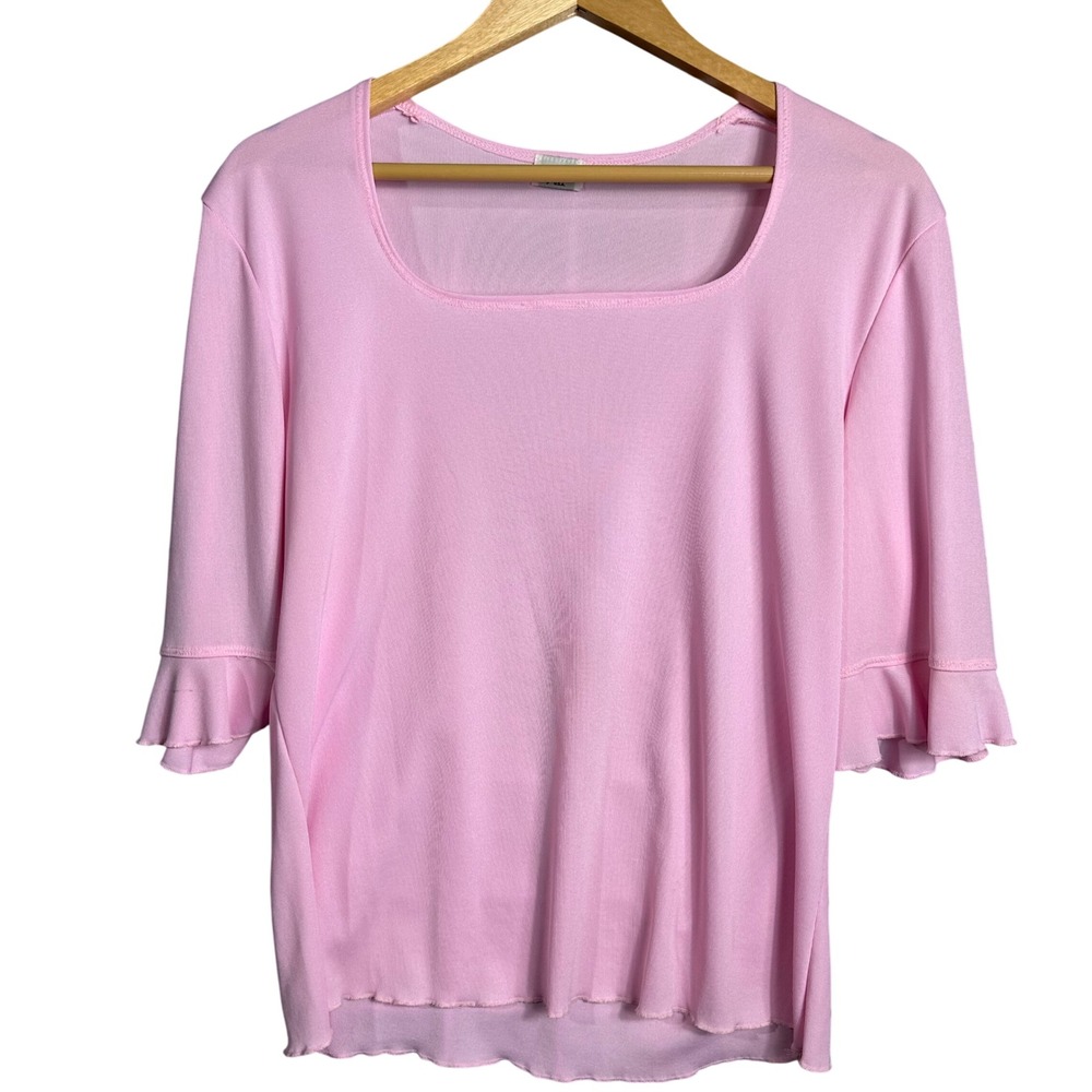 Pink Square Neck 3/4 Sleeve Ruffle Trim Top Women's Blouse‎ y2k vintage feminine